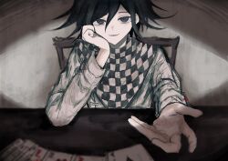 Rule 34 | 1boy, :d, arm support, black eyes, black hair, card, chair, checkered clothes, checkered scarf, danganronpa (series), danganronpa v3: killing harmony, grey jacket, hair between eyes, highres, jacket, long sleeves, male focus, oma kokichi, open mouth, playing card, scarf, smile, solo, table, upper body, wa noko