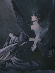 Rule 34 | 1boy, abstract background, amon (lord of the mysteries), angel, angel wings, bare back, black eyes, black hair, black robe, black wings, chinese commentary, commentary request, dark, fanbuhuigugugujun, highres, looking at viewer, looking back, lord of the mysteries, monocle, multiple wings, parted lips, robe, short hair, solo, wings