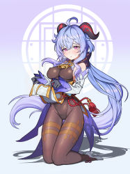 Rule 34 | 1girl, absurdres, ahoge, bell, black gloves, blue hair, bodysuit, breasts, brown bodysuit, covered navel, cowbell, detached sleeves, covered erect nipples, full body, ganyu (genshin impact), genshin impact, gloves, goat horns, hellk111, highres, horns, kneeling, large breasts, lifting own clothes, long hair, looking at viewer, pink eyes, solo, very long hair