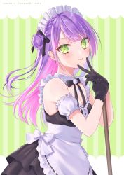 Rule 34 | :p, absurdres, alternate costume, apron, bare shoulders, black gloves, black skirt, blush, breasts, colored inner hair, cowboy shot, detached sleeves, enmaided, frilled apron, frills, from side, gloves, green eyes, hair bun, highres, hololive, kabi akaru, layered skirt, long hair, maid, maid headdress, multicolored hair, one side up, pink hair, pointy ears, puffy short sleeves, puffy sleeves, purple hair, short sleeves, side bun, single side bun, skirt, sleeveless, small breasts, smile, solo, streaked hair, tokoyami towa, tongue, tongue out, v over mouth, virtual youtuber, waist apron, white apron