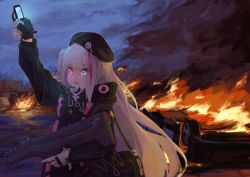 Rule 34 | 1girl, assault rifle, automatic rifle, bag, battle rifle, beret, black hat, blue eyes, bullpup, burning, car, carbine, cellphone, desert tech mdr, drone, eyes visible through hair, fire, flip phone, girls&#039; frontline, gloves, grey hair, gsong-chan, gun, hat, heterochromia, highres, load bearing vest, long hair, looking at viewer, mdr (girls&#039; frontline), motor vehicle, multicolored hair, night, night sky, one side up, open mouth, phone, pink eyes, pink hair, pom pom (clothes), rifle, shoulder bag, sidelocks, signal bar, sky, smoke, solo, strap, streaked hair, trigger discipline, vehicle, weapon