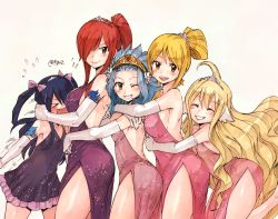 Rule 34 | &gt; &lt;, 5girls, ass, blonde hair, blue hair, blush, braid, breasts, crown, crown braid, dress, elbow gloves, erza scarlet, closed eyes, fairy tail, flat chest, flying sweatdrops, from side, girl sandwich, gloves, hair over one eye, hug, large breasts, levy mcgarden, long hair, looking at viewer, lucy heartfilia, mavis vermilion, multiple girls, no bra, one eye closed, open mouth, pelvic curtain, ponytail, red hair, rusky, sandwiched, short hair, sideboob, simple background, smile, tiara, twitter username, wavy mouth, wendy marvell, white background, white gloves