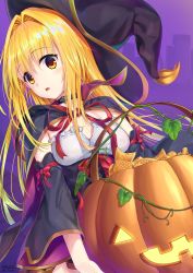 1girl 2018 black_cloak black_hat black_sleeves blonde_hair bow cloak collar dated detached_sleeves frills hair_intakes halloween halloween_costume hat highres holding jack-o&#039;-lantern konjiki_no_yami long_hair long_sleeves looking_at_viewer neck_ribbon open_mouth pumpkin purple_background red_bow red_ribbon ribbon signature solo strapless to_love-ru traveler_(artbbt) very_long_hair witch_hat yellow_eyes