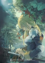 Rule 34 | 1girl, agrias oaks, armor, berry, blonde hair, braid, closed eyes, fence, final fantasy, final fantasy tactics, forest, looking down, nature, plant, ribbon, solo, tooka, weapon