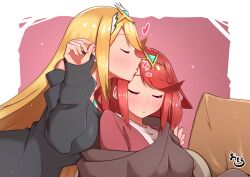 Rule 34 | 2girls, arm around shoulder, black sweater, blonde hair, brown sweater, chest jewel, closed eyes, commentary, commission, heart, highres, kiss, kissing forehead, long hair, mixed-language commentary, multiple girls, mythra (xenoblade), off-shoulder sweater, off shoulder, osora (judithandlilith), pyra (xenoblade), red hair, short hair, skeb commission, sleeping, sweater, tiara, upper body, xenoblade chronicles (series), xenoblade chronicles 2