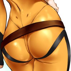Rule 34 | 10s, 1girl, ass, ass focus, belt, bodysuit, close-up, dimples of venus, female focus, from behind, hand on own hip, impossible clothes, misaki yuria, shinobu (tyno), shiny clothes, simple background, skin tight, solo, tight clothes, uchuu senkan yamato, uchuu senkan yamato 2199, uniform, white background