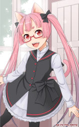 Rule 34 | 1girl, animal ears, artist name, black pantyhose, cat ears, cat tail, commentary request, dress, eyebrows, fang, glasses, ha-ru, hair ornament, hair ribbon, long hair, multicolored hair, open mouth, original, pantyhose, pink hair, red eyes, ribbon, smile, solo, tail, twintails, twitter username