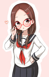 Rule 34 | 1girl, absurdres, bespectacled, black sailor collar, black skirt, blush, brown eyes, brown hair, child, commentary, forehead, glasses, hair ornament, hair over shoulder, hairclip, hand on own hip, hand up, heart, highres, karakai jouzu no takagi-san, long hair, long sleeves, looking at viewer, low twintails, neckerchief, note2000, outline, parted bangs, parted lips, pink background, pleated skirt, red-framed eyewear, red neckerchief, round eyewear, sailor collar, shirt, skirt, solo, takagi-san, twintails, white outline, white shirt