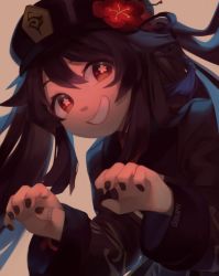 Rule 34 | 1girl, artist name, black hat, black nails, flower, genshin impact, hat, highres, hu tao (genshin impact), jewelry, long sleeves, looking at viewer, nail polish, qiinamii, red eyes, red flower, ring, smile, solo, symbol-shaped pupils, teeth, twintails