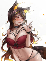 Rule 34 | 1girl, :d, animal ears, bare arms, bare shoulders, black choker, black hair, black nails, black panties, blonde hair, breasts, chain, choker, cleavage, commentary, crop top, hand up, highres, indie virtual youtuber, large breasts, long hair, looking at viewer, midriff, multicolored hair, nail polish, navel, no pants, off-shoulder shirt, off shoulder, open mouth, panties, red shirt, shirt, short sleeves, simple background, sinder (vtuber), smile, solo, spiked choker, spikes, stomach, streaked hair, tail, underwear, upper body, very long hair, virtual youtuber, white background, wonnikon, yellow eyes