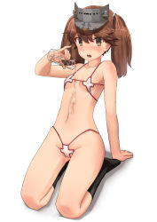Rule 34 | 10s, 1girl, alternate costume, arm support, bad id, bad pixiv id, bare arms, bare shoulders, bikini, breasts, brown eyes, brown hair, collarbone, commentary request, covered erect nipples, highleg, highleg bikini, highres, kantai collection, leaning back, looking at viewer, lotion bottle, micro bikini, midriff, navel, osananajimi neko, parted lips, partially visible vulva, ryuujou (kancolle), shikigami, short hair, sitting, small breasts, solo, stomach, swimsuit, thighs, two side up, visor cap