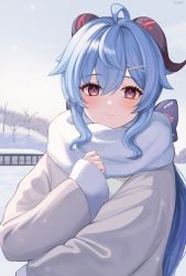 Rule 34 | 1girl, absurdres, ahoge, bad id, bad pixiv id, blue hair, blush, bow, coat, ganyu (genshin impact), genshin impact, highres, horns, ksubi (toxtricitygf), light smile, long hair, looking at viewer, outdoors, purple eyes, sidelocks, snow, solo, upper body, winter, winter clothes, winter coat