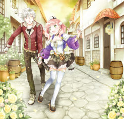 Rule 34 | 10s, 1boy, 1girl, :d, :o, atelier (series), atelier escha &amp; logy, barrel, black pants, black skirt, bracelet, brown pants, brown skirt, building, chima (angelique), choker, couple, escha malier, fingerless gloves, flower, full body, gloves, green eyes, happy, hat, hetero, holding hands, jacket, jewelry, logix ficsario, looking at another, looking back, necklace, open mouth, outdoors, pants, pendant, pink hair, red jacket, shoes, short hair, skirt, smile, sunset, tail, thighhighs, twintails, vase, walking, white hair, white thighhighs, yellow eyes
