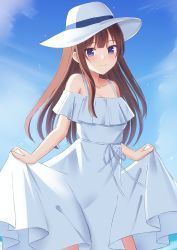 Rule 34 | 1girl, backlighting, bare shoulders, blunt bangs, blunt ends, blush, brown hair, chakku illust, clothes lift, cloud, commentary, dress, dress lift, frilled dress, frills, hat, highres, hime cut, lifting own clothes, long dress, long hair, looking at viewer, original, outdoors, purple eyes, ribbon, sidelocks, sky, sleeveless, sleeveless dress, smile, solo, spaghetti strap, sun hat, sundress, white dress, white hat