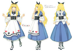 Rule 34 | 1girl, alice (alice in wonderland), alice in wonderland, apron, bad id, bad pixiv id, blonde hair, blue eyes, bow, character sheet, corset, dress, hair bow, hwansang, long hair, multiple views, pantyhose, striped clothes, striped pantyhose, turnaround, wavy hair