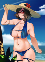 Rule 34 | 1girl, alternate hairstyle, armlet, bare shoulders, beach, bikini, black-framed eyewear, blue bikini, blue sky, blush, breasts, brown eyes, brown hair, cleavage, cloud, cloudy sky, collarbone, contrail, day, eyebrows, flower, glasses, gluteal fold, halterneck, hand on headwear, hand up, hat, hat flower, highres, large breasts, leaf, looking at viewer, mei (overwatch), ocean, outdoors, overwatch, overwatch 1, phara, short hair, skin tight, skindentation, sky, solo, strap gap, straw hat, string bikini, swimsuit, thigh gap, thigh strap, tree, water, waves, wet