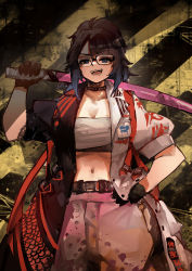 Rule 34 | 1girl, absurdres, belt, black gloves, black hair, blue hair, bokken, breasts, cleavage, coat, collar, collarbone, delinquent, glasses, gloves, hand on own hip, highres, indie virtual youtuber, kson, looking at viewer, midriff, multicolored coat, multicolored hair, navel, open clothes, open coat, pants, ponytail, sarashi, souchou, sukeban, sword, two-tone coat, virtual youtuber, vyragami, weapon, wooden sword