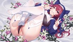 Rule 34 | 1girl, areola slip, ass, blush, breasts, cameltoe, crossed legs, double v, feet, flower, garter straps, habit, hair between eyes, heterochromia, highres, hololive, houshou marine, houshou marine (nun), large breasts, leotard, long hair, looking at viewer, lying, no panties, no shoes, nox13, nun, on back, pelvic curtain, pussy, red eyes, red hair, see-through, see-through leotard, smile, soles, solo, spread toes, thick thighs, thighhighs, thighs, toes, v, virtual youtuber, yellow eyes