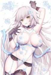 Rule 34 | 1girl, arm up, armpits, artoria pendragon (fate), artoria pendragon (lancer alter) (fate), artoria pendragon (lancer alter) (fate) (cosplay), artoria pendragon (lancer alter) (royal icing) (fate), artoria pendragon (lancer alter) (royal icing) (fate) (cosplay), bare shoulders, breasts, breasts apart, brown gloves, brown thighhighs, choker, cleavage, collarbone, cosplay, eyelashes, fate/apocrypha, fate/grand order, fate (series), garter belt, garter straps, gloves, grey hair, hair between eyes, hair ornament, halterneck, hand up, highres, jeanne d&#039;arc (fate), jeanne d&#039;arc alter (avenger) (fate), jeanne d&#039;arc alter (fate), jewelry, large breasts, legs together, lingerie, long hair, looking at viewer, miko (royal milk), navel, necklace, no panties, official alternate costume, open mouth, parted lips, see-through, simple background, smile, snowflake hair ornament, solo, stomach, thighhighs, underwear, very long hair, white background, yellow eyes
