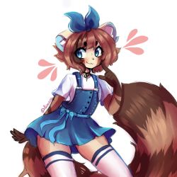 Rule 34 | 1girl, :3, anakoluth, blue eyes, blush, brown hair, closed mouth, furry, furry female, highres, looking at viewer, original, overall skirt, red panda ears, red panda girl, red panda tail, short hair, smile, solo, thighhighs, white thighhighs