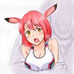 Rule 34 | 1boy, 1girl, animal ears, bare shoulders, bob cut, captured, clenched hand, commentary, grabbing, highres, ihara shiho, lion, marker (medium), millipen (medium), murenase! shiiton gakuen, open mouth, portrait, potekite, red hair, shirt, short hair, shouting, simple background, sketch, solo focus, tank top, tearing up, track uniform, traditional media, white background, white shirt