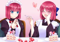 Rule 34 | 2girls, apron, blue bow, blue eyes, blush, bow, brown dress, brown kimono, cake, cake slice, chair, closed eyes, closed mouth, commentary request, dress, food, food on face, fork, fruit, hair between eyes, hair bow, half updo, heart, hisui (tsukihime), holding, holding fork, japanese clothes, juliet sleeves, kimono, kohaku (tsukihime), lo lis, long sleeves, maid, maid apron, maid headdress, mixed maids, multiple girls, neck ribbon, open mouth, plate, puffy sleeves, red hair, red ribbon, ribbon, short hair, siblings, signature, sisters, sitting, smile, strawberry, table, tsukihime, twins, wa maid, white apron, wide sleeves