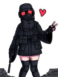 Rule 34 | 1other, ^ ^, ambiguous gender, arm at side, bandaid, bandaid on leg, black gloves, black headwear, black jacket, black thighhighs, closed eyes, commentary request, covered face, facing viewer, feet out of frame, fingerless gloves, formicid, gas mask, gloves, gun, hand up, handgun, heart, helmet, holding, holding gun, holding weapon, jacket, jaggy lines, knee pads, knees together feet apart, korean commentary, lady hunk, legs together, long sleeves, mask, military, no pants, resident evil, resident evil: revelations, sheath, simple background, solo, standing, suppressor, thighhighs, v, walkie-talkie, weapon, white background, wide sleeves