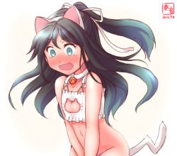 Rule 34 | 10s, 1girl, 2016, anal tail, animal ears, aqua eyes, artist name, bare shoulders, bell, black hair, blue eyes, blush, bottomless, bra, breasts, butt plug, cat cutout, cat ear panties, cat ears, cat lingerie, cat tail, choker, cleavage cutout, clothing cutout, commentary request, dated, embarrassed, eyebrows, fake animal ears, fake tail, flat chest, hair ornament, hair ribbon, highres, kanon (kurogane knights), kantai collection, katsuragi (kancolle), long hair, meme attire, navel, neck bell, open mouth, panties, ponytail, ribbon, sex toy, simple background, small breasts, solo, tail, tears, underwear, v arms, white background