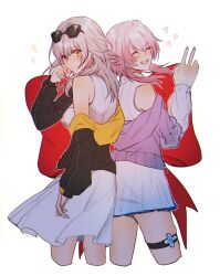 Rule 34 | 2girls, back-to-back, bare shoulders, blush, closed eyes, closed mouth, commentary, dress, english commentary, eyewear on head, grey hair, happy, heart, highres, honkai: star rail, honkai (series), jacket, long hair, long sleeves, march 7th (feast) (honkai: star rail), march 7th (honkai: star rail), medium hair, miniskirt, multiple girls, off shoulder, open mouth, pink hair, sera (serappi), simple background, skirt, sleeveless, sleeveless turtleneck, smile, sparkle, stelle (honkai: star rail), stelle (world tour 2023) (honkai: star rail), sunglasses, thigh strap, trailblazer (honkai: star rail), turtleneck, v, white background, white dress, yellow eyes