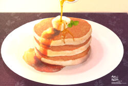 Rule 34 | airihanezora, artist name, butter, clip studio paint (medium), dated, food, food focus, maple syrup, no humans, original, pancake, pancake stack, plate, pouring, syrup, table