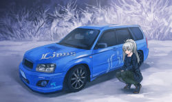 Rule 34 | 1girl, black footwear, blue jacket, car, commentary request, green pants, grey hair, highres, jacket, long hair, momo hiki, motor vehicle, original, outdoors, pants, personification, ponytail, shoes, solo, squatting, subaru (brand), subaru forester, vehicle focus