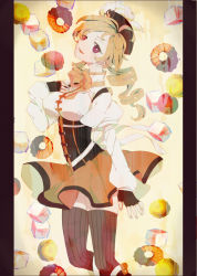 Rule 34 | 10s, 1girl, bad id, bad pixiv id, beret, blonde hair, breasts, corset, doughnut, drill hair, fingerless gloves, food, gloves, hat, highres, magical girl, mahou shoujo madoka magica, mahou shoujo madoka magica (anime), ogi (sham00), pillarboxed, skirt, solo, striped clothes, striped thighhighs, sugar cube, thighhighs, tomoe mami, twin drills, vertical-striped clothes, vertical-striped thighhighs, zettai ryouiki
