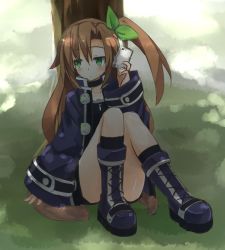 Rule 34 | 10s, 1girl, bow, brown hair, green eyes, hair bow, hair ornament, himajin (starmine), if (neptunia), long hair, neptune (series), open mouth, ribbon, sitting, smile, solo, tree