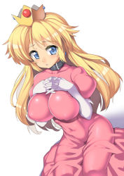 Rule 34 | 1girl, blonde hair, blue eyes, blush, breast suppress, breasts, breasts squeezed together, collar, covered erect nipples, covered navel, crown, dress, dutch angle, elbow gloves, gem, gloves, gown, impossible clothes, impossible dress, interlocked fingers, large breasts, long hair, looking at viewer, mario (series), nagase haruhito, navel, nintendo, no bra, parted lips, pink dress, princess, princess peach, puffy nipples, puffy short sleeves, puffy sleeves, shadow, short sleeves, simple background, sitting, skin tight, solo, very long hair, wariza, white background, white gloves