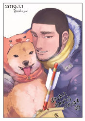 Rule 34 | 1boy, arrow (projectile), black hair, breath, buzz cut, chest hair, dog, facial hair, golden kamuy, hairy, long sideburns, male focus, mature male, nzo (oishii pie), ryu (golden kamuy), short hair, sideburns, smile, snow, stubble, tanigaki genjirou, thick eyebrows, upper body, very short hair, winter clothes
