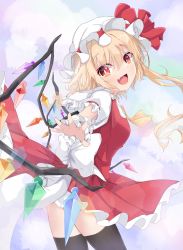 Rule 34 | 1girl, :d, ascot, ashigaruk, black thighhighs, blonde hair, crystal, fang, flandre scarlet, hat, hat ribbon, highres, one side up, open mouth, red eyes, red ribbon, red skirt, red vest, ribbon, shirt, short sleeves, skirt, smile, solo, thighhighs, touhou, vest, white background, white hat, white shirt, wings