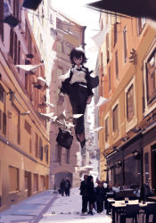 Rule 34 | 1girl, 6+others, absurdres, black footwear, black hair, black jacket, black necktie, black pants, briefcase, building, closed mouth, commentary, crowd, day, dress shirt, english commentary, english text, formal, highres, jacket, midair, multiple others, necktie, original, outdoors, pants, shirt, short hair, solo focus, suit, suit jacket, table, white shirt, zygocactus