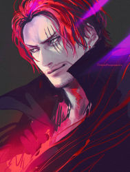 Rule 34 | &gt;:), 1boy, cape, closed mouth, collared cape, facial hair, high collar, highres, male focus, mature male, one piece, red hair, scar, scar across eye, shanks (one piece), short hair, smile, solo, tsuyomaru, twitter username, upper body, v-shaped eyebrows