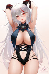 Rule 34 | 1girl, aegir (azur lane), armpits, arms behind head, arms up, azur lane, bare arms, blush, breast curtains, breasts, brown eyes, chinese commentary, cleavage, commentary request, cowboy shot, demon horns, gluteal fold, hair between eyes, heart, heart-shaped pupils, highres, horns, large breasts, liu liaoliao, long hair, looking at viewer, midriff, multicolored hair, navel, open mouth, red hair, signature, simple background, solo, standing, streaked hair, symbol-shaped pupils, tongue, tongue out, twitter username, very long hair, white background, white hair