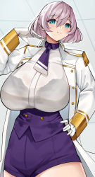Rule 34 | 1girl, absurdres, aqua eyes, black bra, bra, breasts, ceiling, corset, cromwellb, epaulettes, gloves, gridman universe, hand on own hip, highres, huge breasts, jacket, military jacket, mujina, necktie, purple shorts, see-through, see-through shirt, short hair, short shorts, shorts, solo, ssss.dynazenon, thick thighs, thighs, tile ceiling, tiles, underwear, white gloves, wide hips