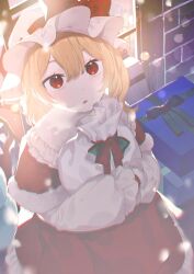 Rule 34 | 1girl, bag, blonde hair, box, capelet, christmas, commentary, flandre scarlet, fur-trimmed capelet, fur trim, gift, gift box, hat, highres, holding, holding bag, laspberry., mob cap, red capelet, red eyes, red skirt, shirt, short hair, skirt, solo, symbol-only commentary, touhou, white shirt