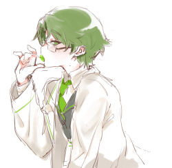 Rule 34 | 1boy, black vest, candy, coat, collared shirt, dongrang (project moon), food, green eyes, green hair, green necktie, hand up, holding, holding candy, holding food, holding lollipop, lab coat, limbus company, lollipop, necktie, project moon, shirt, sketch, solo, uchimura (rino0525), upper body, vest, white coat, white shirt