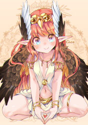 Rule 34 | 1girl, armlet, blue eyes, brown wings, circe (fate), closed mouth, dot nose, fate/grand order, fate (series), feathered wings, gold necklace, head wings, jewelry, kaisanbutsu, light brown background, long hair, looking at viewer, navel, necklace, pink hair, pointy ears, sitting, smile, solo, thighlet, very long hair, wings