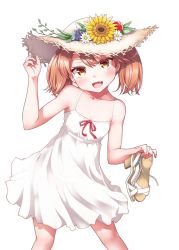 Rule 34 | 10s, 1girl, :d, bare arms, blush, breasts, brown eyes, brown hair, cleavage, collarbone, commentary request, dress, fang, flower, hat, hat flower, high heels, holding, holding shoes, kantai collection, kirigakure (kirigakure tantei jimusho), long hair, looking at viewer, open mouth, ryuujou (kancolle), see-through, shoes, unworn shoes, simple background, sleeveless, sleeveless dress, small breasts, smile, solo, spaghetti strap, sun hat, sundress, sunflower, twintails, white background, white dress