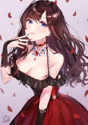 Rule 34 | 1girl, absurdres, bare shoulders, blue eyes, breasts, bridal gauntlets, brown hair, cleavage, collarbone, dress, earrings, grey background, hand on own chin, highres, ichinose shiki, idolmaster, idolmaster cinderella girls, jewelry, large breasts, long hair, looking at viewer, mairo, medium breasts, nail polish, necklace, petals, red dress, red nails, rose petals, simple background, smile, solo, wavy hair