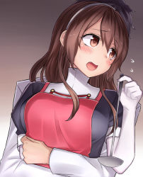 Rule 34 | 10s, admiral (kancolle), apron, ashigara (kancolle), black hair, brown eyes, brown hair, commentary request, elbow gloves, faceless, faceless male, fang, flying sweatdrops, gloves, hairband, highres, hug, hug from behind, kantai collection, ladle, military, military uniform, neit ni sei, open mouth, puffy sleeves, translation request, uniform