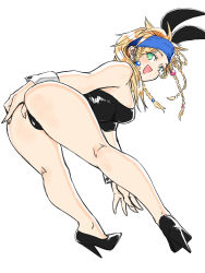 Rule 34 | 1girl, absurdres, animal ears, ass, bent over, blonde hair, braid, breasts, fake animal ears, final fantasy, final fantasy x, final fantasy x-2, full body, green eyes, high heels, highres, kneepits, leotard, looking at viewer, looking back, open mouth, playboy bunny, rabbit ears, rabbit tail, rikku (ff10), solo, standing, tail, thighs, toshinoshin, white background, wrist cuffs