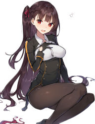 Rule 34 | 1girl, anger vein, black dress, black footwear, black gloves, blush, braid, breasts, brown hair, brown pantyhose, collared shirt, dress, dress shirt, feet out of frame, girls&#039; frontline, gloves, hair ribbon, hand on own chest, hand up, head tilt, long hair, long sleeves, looking at viewer, medium breasts, necktie, unworn necktie, one side up, open mouth, pantyhose, red eyes, red necktie, red ribbon, ribbon, rikoma, shirt, simple background, sitting, solo, sweat, teeth, upper teeth only, v-shaped eyebrows, very long hair, wa2000 (girls&#039; frontline), white background, white shirt
