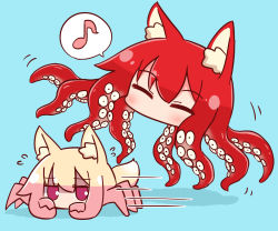 Rule 34 | 2girls, animal ear fluff, animal ears, animalization, blonde hair, blue background, blush, carcinization, closed eyes, crab, eighth note, flying sweatdrops, fox ears, fox tail, hair between eyes, kemomimi-chan (naga u), multiple girls, musical note, naga u, octopus, original, red eyes, red hair, shaded face, shadow, speed lines, spoken musical note, suction cups, tail, tentacle hair