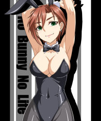 10s 1girl animal_ears arms_up bow bowtie breasts brown_hair detached_collar fake_animal_ears green_eyes idolmaster idolmaster_cinderella_girls kiba_manami pantyhose pataneet playboy_bunny rabbit_ears short_hair wrist_cuffs